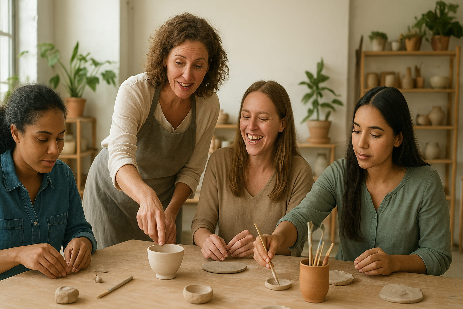 A small business owner guiding a team mid-workshop in her craft studio