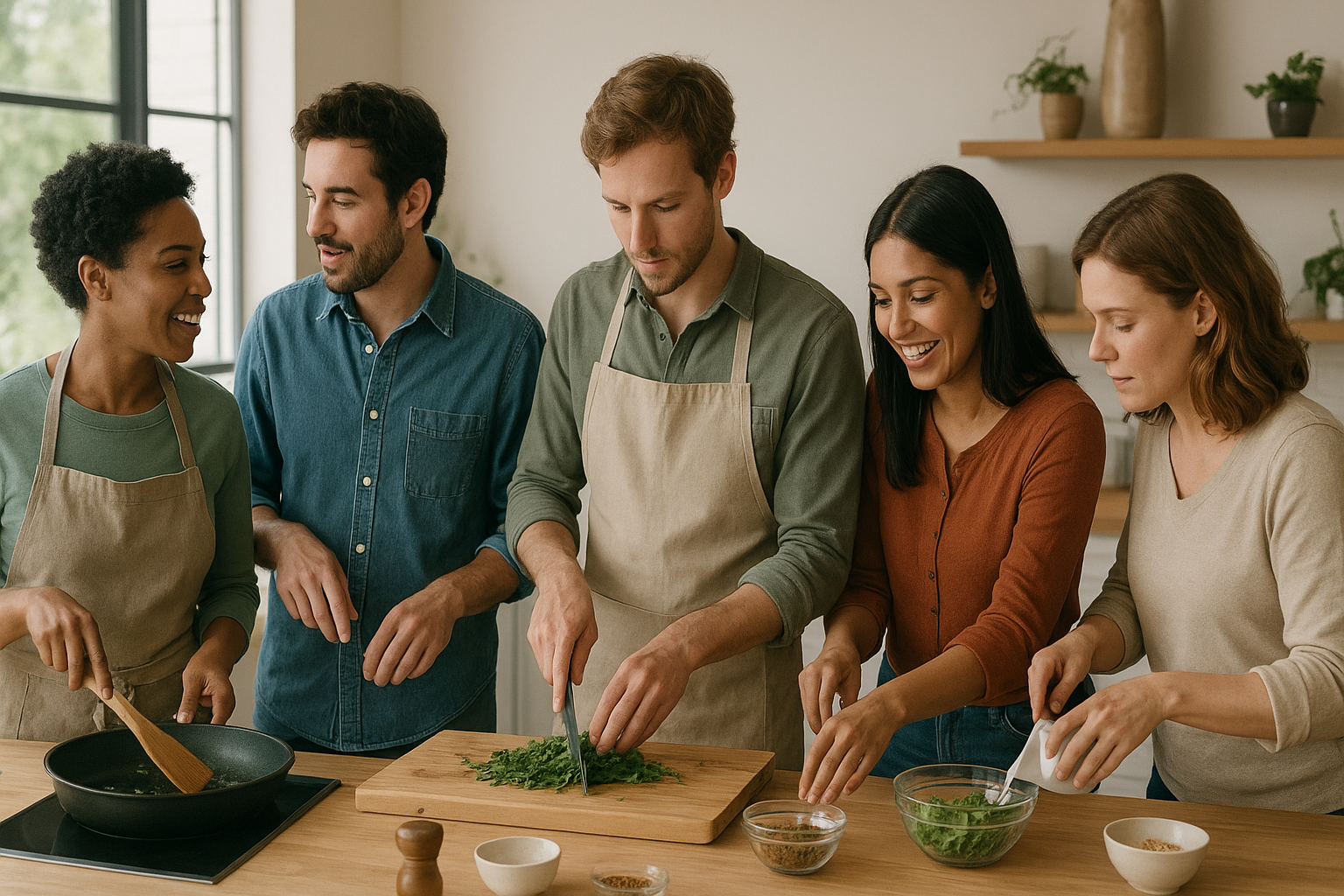 A small team laughing together in a warm cooking class