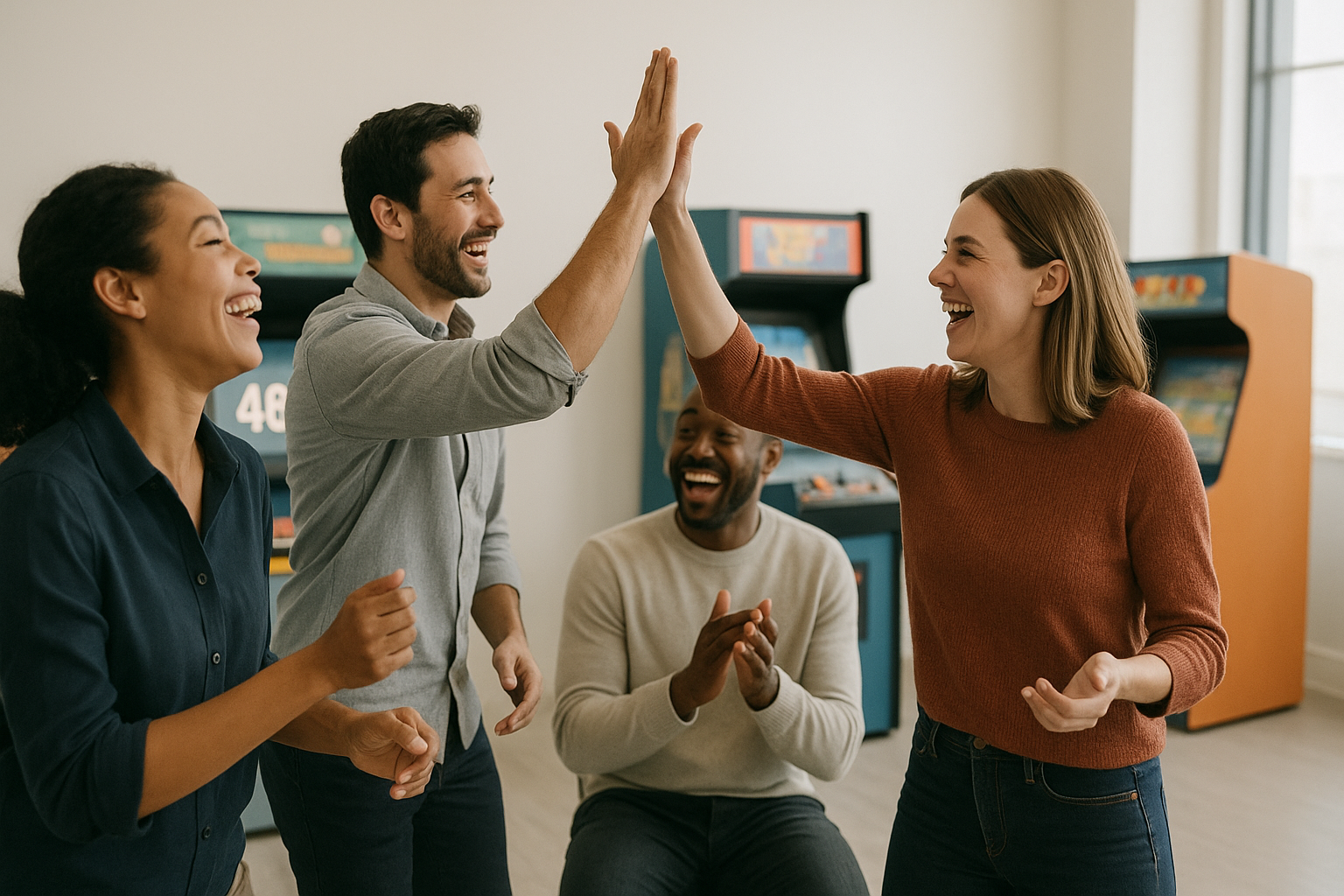 Coworkers high-fiving after solving an escape room