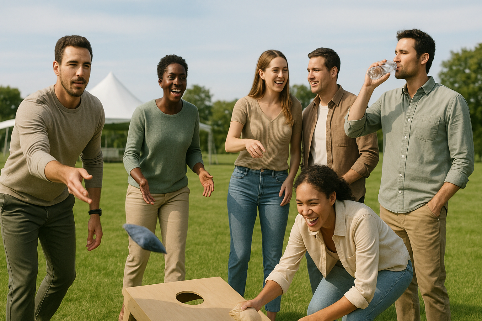 A team on an outdoor walking tour at golden hour, laughing together